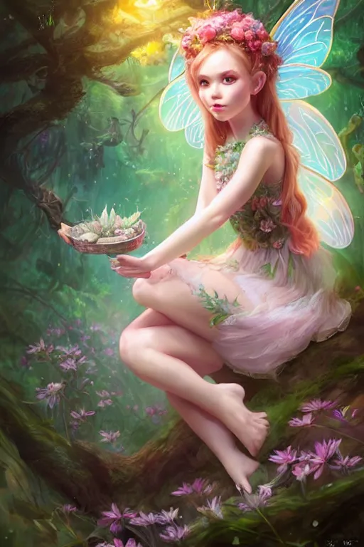 Image similar to a cute fairy in the dreamy forest, fantasy, 8 k resolution, hyper detailed, d & d, character design, digital painting, trending on artstation, sharp focus, illustration, art by artgerm, steve zheng, fuji choko, viktoria gavrilenko, hoang lap