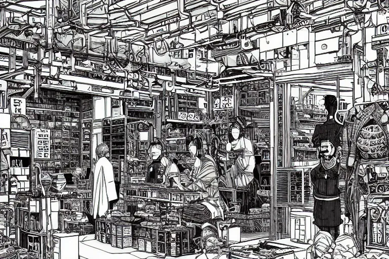 Prompt: cyberpunk japanese merchants in their shop, Industrial Scifi, detailed illustration, character design, intricate, by Martin Grip and Moebius