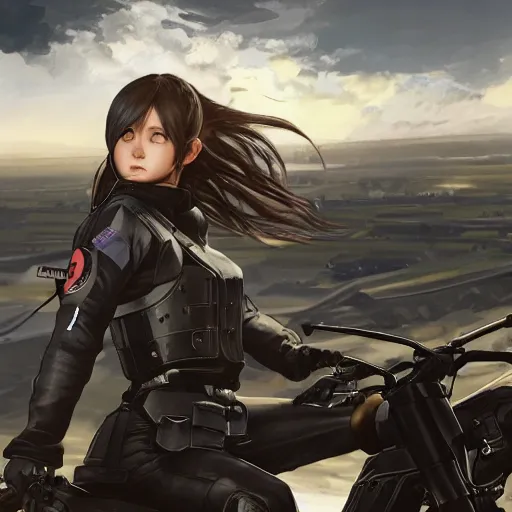 Image similar to panoramic view, a girl riding a motorbike, futuristic, soldier clothing, battlefield in background, anime style, hair down, symmetrical facial features, realistic hands, from arknights, hyper realistic, 4 k, extreme detail, trending artstation, safebooru, realistic lighting, by alphonse mucha, greg rutkowski, sharp focus