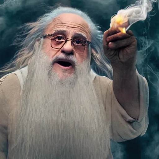 Image similar to film still of danny devito starring as gandalf the white in the 2 0 2 4 lord of the rings movie smoking, full body, hyper realistic, high quality, wide angle