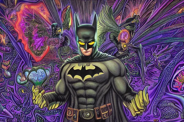 Image similar to Batman takes magic mushrooms, psychedelic, by Alex Grey, 4k