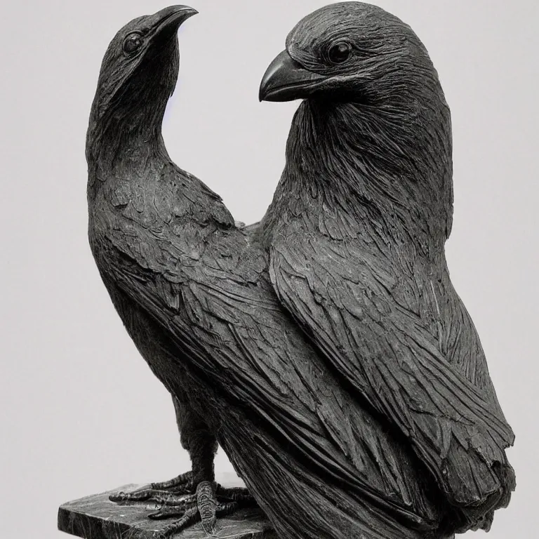 Prompt: photo of a intricately detailed marble statue of raven bird by leonardo davinci