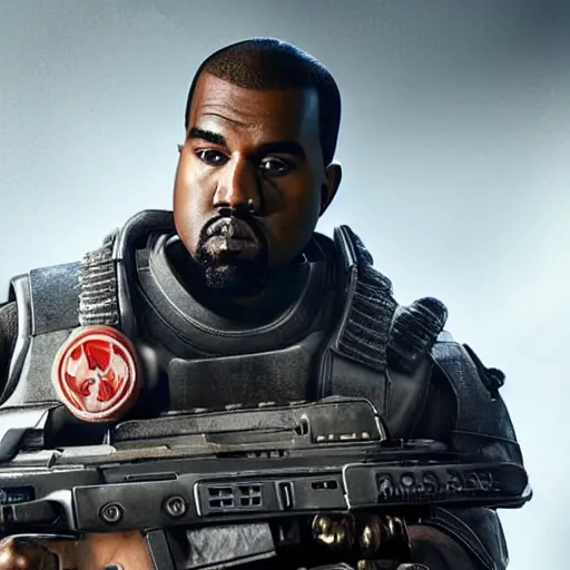 Prompt: kanye west as a ghostbuster in gears of war battlefield 5, splash art, movie still, cinematic lighting, dramatic, octane render, long lens, shallow depth of field, bokeh, anamorphic lens flare, 8 k, hyper detailed, 3 5 mm film grain