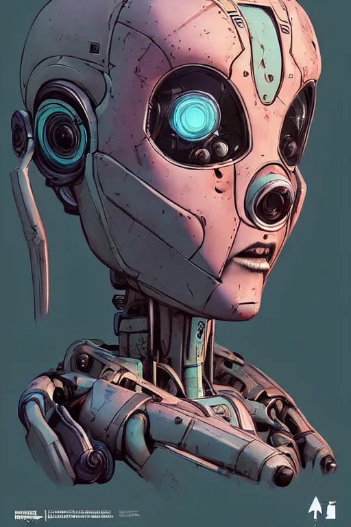 Image similar to a study of cell shaded protrait of female robot as Borderlands 3 concept art, llustration, post grunge, concept art by josan gonzales and wlop, by james jean, Victo ngai, David Rubín, Mike Mignola, Laurie Greasley, highly detailed, sharp focus, alien, Trending on Artstation, HQ, deviantart, art by artgem