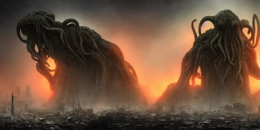 Image similar to cthulhu destroying a post apocalyptic city, dark, trending on artstation, digital art, fog, sun flare, rain