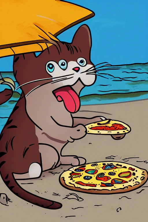 Image similar to digital drawing of a cat eating pizza on the beach by matt groening