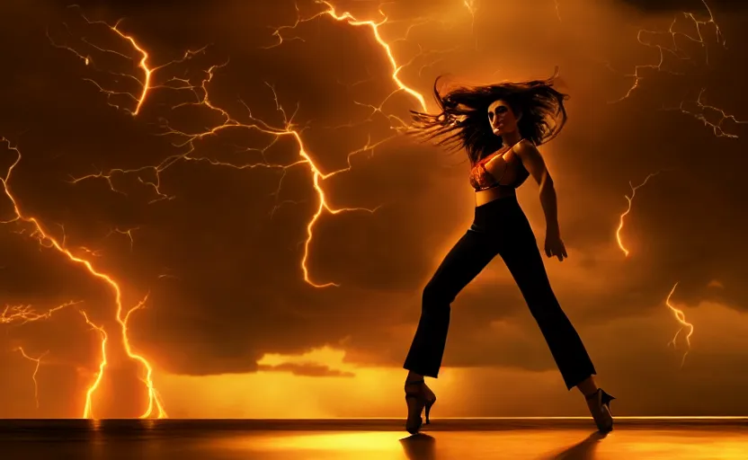 Image similar to a hyperdetailed photorealistic beautiful woman dancing in a thunderstorm, global illumination, volumetric lighting, cinematic framing, cinematic lighting, cinematic shadows, in the style of top gun maverick