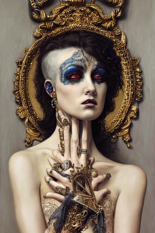 Image similar to hyper realistic painting portrait of punk queen, occult diagram, elaborate details, detailed face, intrincate ornaments, gold decoration, occult art, oil painting, art noveau, in the style of roberto ferri, gustav moreau, jean delville, bussiere, andrew gonzalez