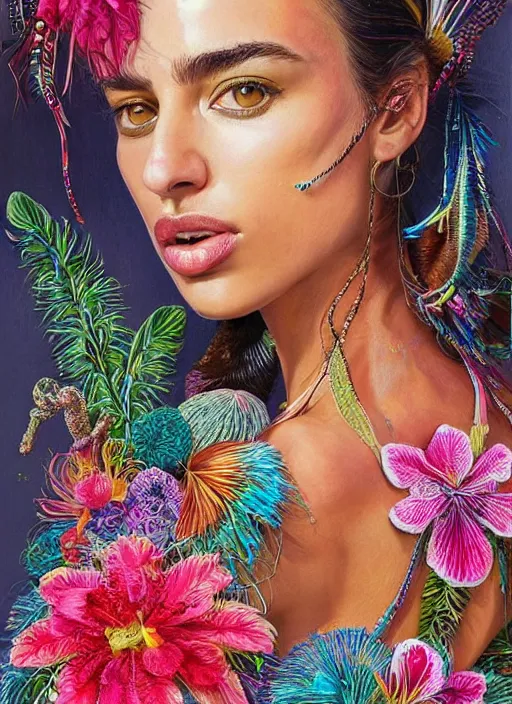 Image similar to beautiful portrait of Irina Shayk wearing fantastic Hand-dyed cotton dress,embellished beaded feather decorative fringe knots ,colorful pigtail,subtropical flowers and plants,symmetrical face,intricate,elegant,highly detailed,8k,digital painting,trending on pinterest,harper's bazaar,concept art, sharp focus, illustration,golden ratio,by artgerm,Tom Bagshaw,Lawrence Alma-Tadema,greg rutkowski