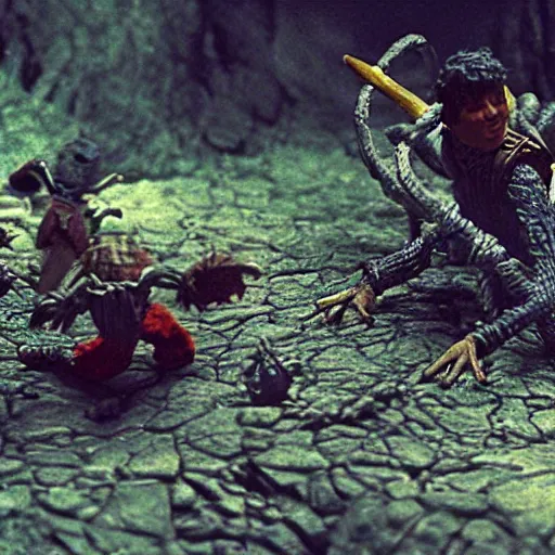 Prompt: claymation of samwise fights shelob, gritty, tilt shift, award winning, highly textured, very detailed!, eerie