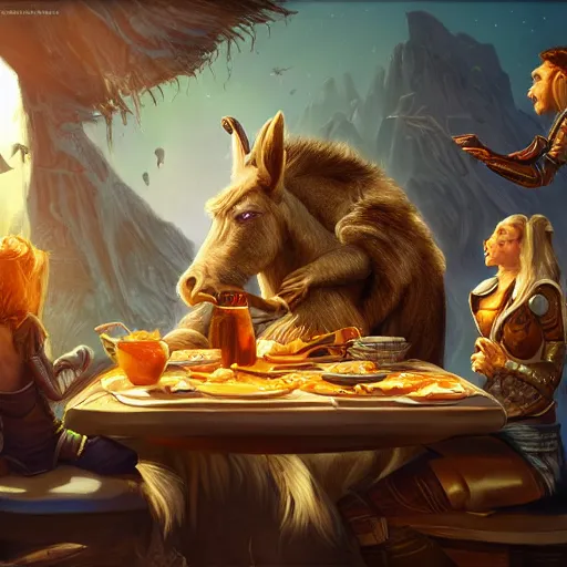 Prompt: ultrarealistic, ultradetailed, donkey eating breakfast, sitting on a futuristic table with aliens, at the end of the universe, very very very ultradetailed, epic fantasy style art, fantasy epic digital art, epic fantasy art, hearthstone style art