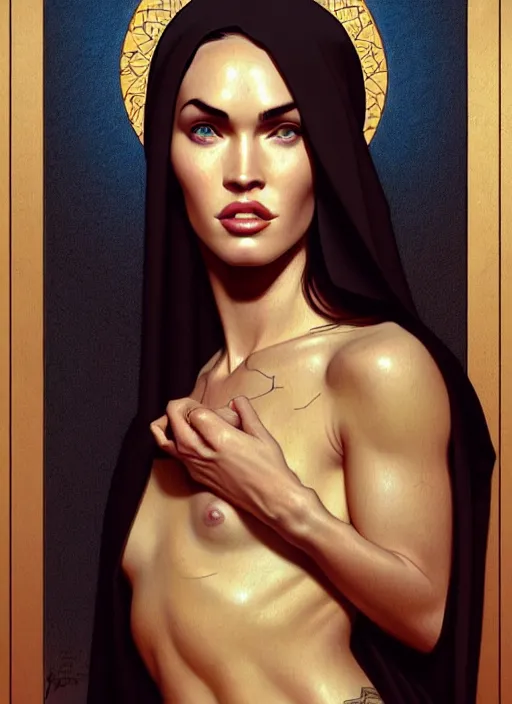 Image similar to portrait of megan fox as a sultry nun, catholic, church, bible, christian, intricate, headshot, highly detailed, digital painting, artstation, concept art, sharp focus, cinematic lighting, illustration, art by artgerm and greg rutkowski, alphonse mucha, cgsociety