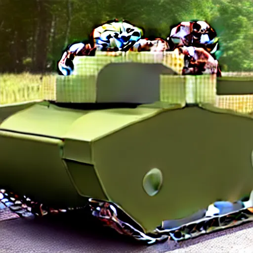 Prompt: a tank with meatballs instead of wheels