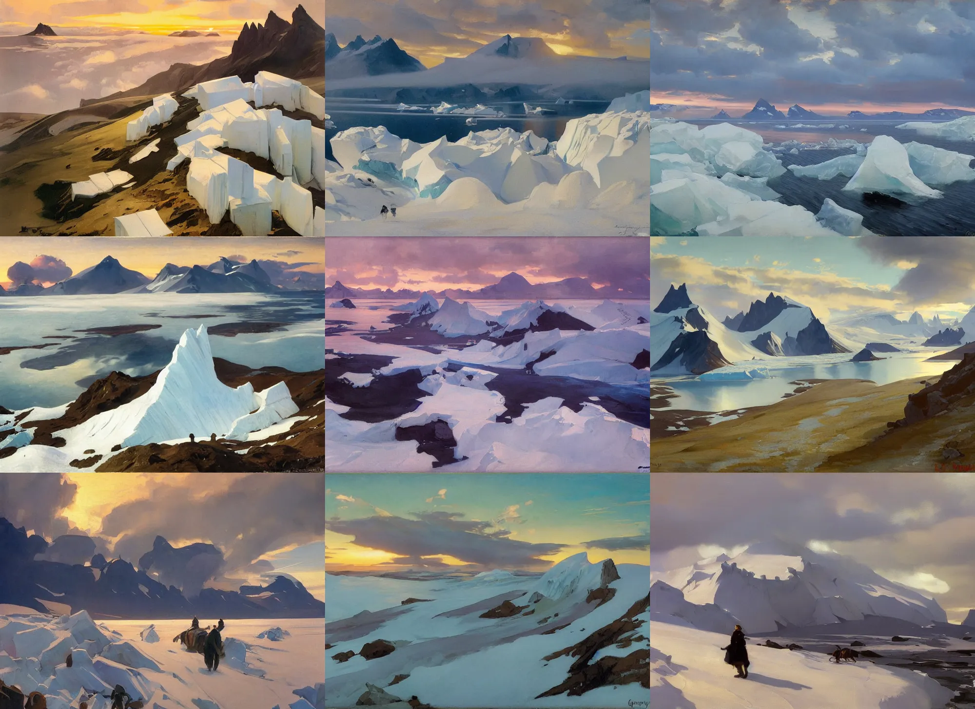 Prompt: painting by sargent leyendecker and gurney, rhads, vasnetsov, savrasov levitan polenov, middle ages, sunset sinrise, above the layered low clouds travel path road to sea bay view photo of greenland and iceland glacier and icebergs overcast sharpen details
