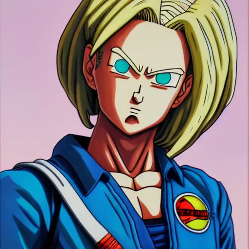 Image similar to ultra realistic portrait painting of android 1 8, art by akira toriyama, 4 k, dragon ball artstyle, cel shaded, highly detailed, epic lighting