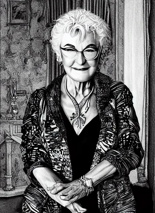 Prompt: highly detailed portrait of bea arthur, pen and ink illustration by simon bisley, global illumination, radiant light, detailed and intricate environment