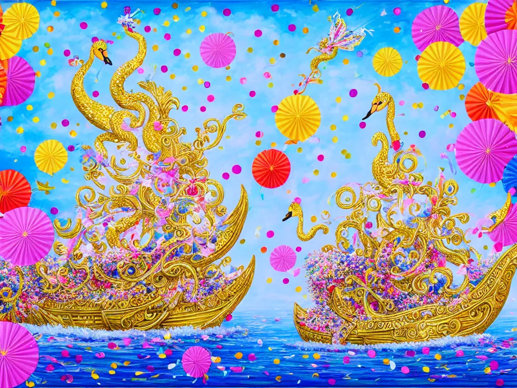 Image similar to a highly detailed painting of a fantasy ornate embellished swan boat cruise ship covered in flowers, streamers, confetti, pin wheels, kites.