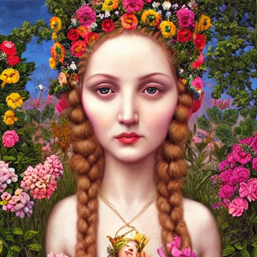 Prompt: an 3 d rendering of the goddess of women looking at the camera surrounded by lush flowers mark ryden, realism