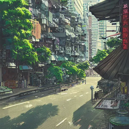 Image similar to highly detailed street view of hong kong, overgrown, post apocalyptic, shinkai makoto style, digital painting, key visual art