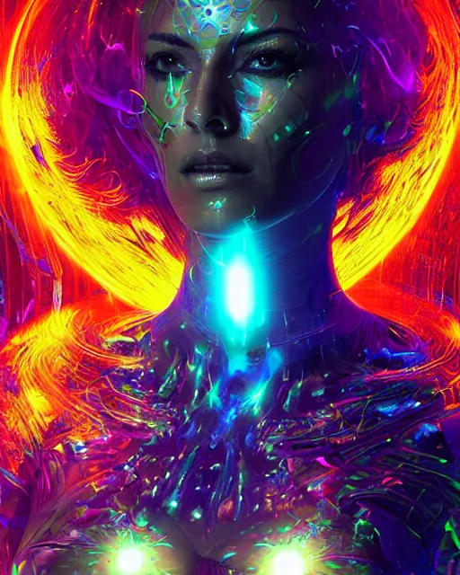 Prompt: a powerful energy psychedelic matrix woman, by alexander fedosav, hyper detailed digital matte painting, concept art, hyperrealism, 1 6 k resolution, cinema 4 d, 8 k resolution, trending on artstation, behance hd, a masterpiece, by stephan martiniere, particles, cel - shaded, power bright neon energy, by david a. hardy,