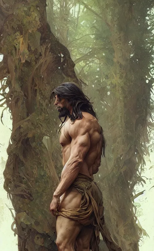 Prompt: God of the forest, male, shoulder-length hair, gorgeous, amazing, muscular, intricate, highly detailed, digital painting, artstation, concept art, sharp focus, illustration, art by greg rutkowski and alphonse mucha