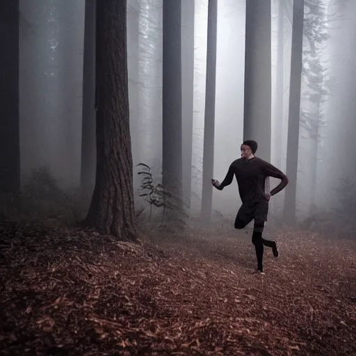 Prompt: a smudged, scratched, grainy and blurry photograph showing the whole body of a young tall man dynamically and frenetically running from danger in the dark forest. in the foggy woods, night time, flash lights