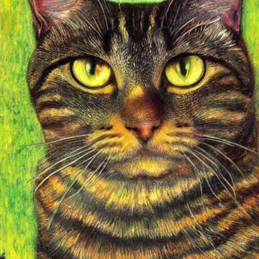 Prompt: portrait of a dark tabby cat with green eyes, intricate, elegant, highly detailed, smooth, sharp focus, illustration, art by gustav klimt