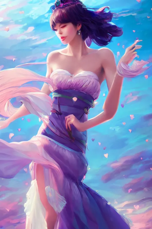 Image similar to a beautiful fashion goddness of love, chic strapless dress, tropical sea background, character design, in the style of artgerm, and wlop, cinematic lighting, hyperdetailed, 8 k realistic, symmetrical, global illumination, radiant light, frostbite 3 engine, cryengine, dof, trending on artstation, digital art