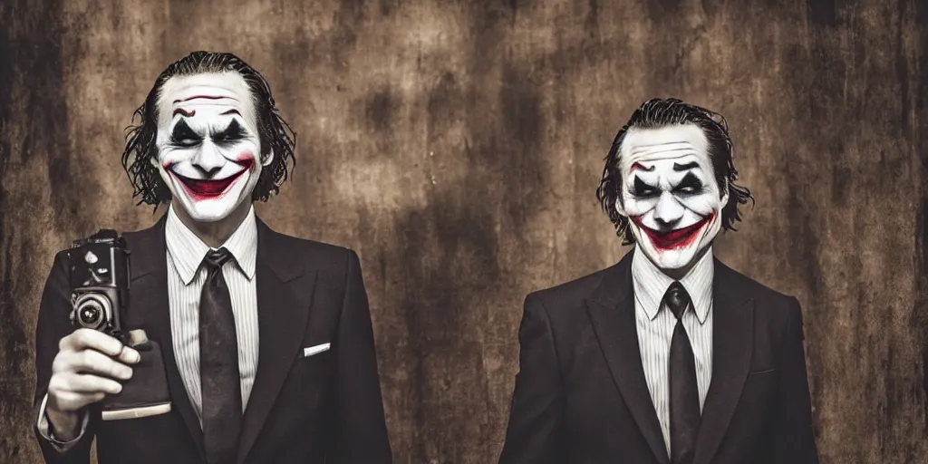 Image similar to joker wearing a suit style, photograph, grinning, creepy,