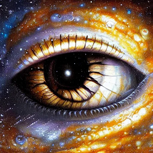 Image similar to low angle shot of a eye with the galaxy in the iris by clive barker, intricate, elegant, highly detailed, centered, digital painting, artstation, concept art, smooth, sharp focus, illustration, artgerm, Tomasz Alen Kopera, Peter Mohrbacher donato giancola, Joseph Christian Leyendecker, WLOP, Boris Vallejo.