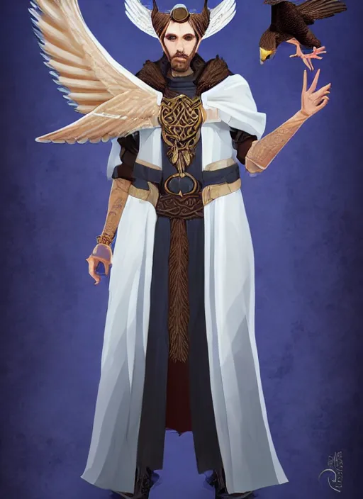 Image similar to male warlock with the head of a hawk, wind magic, blue robes, exquisite details, full body character design, white background, by studio muti