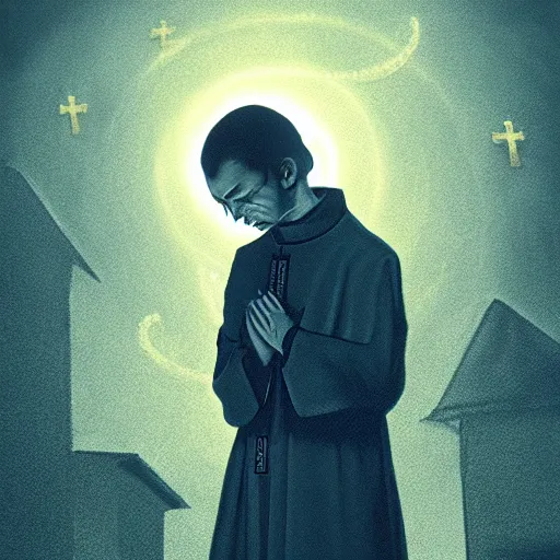 Image similar to Close up of a young, thin and stern catholic priest in his thirties fervently praying as he is about to die from the ominous terrifying Lovecraftian yellow shadow descending upon him from the night sky. Low angle, dramatic lighting. Award-winning digital art, trending on ArtStation