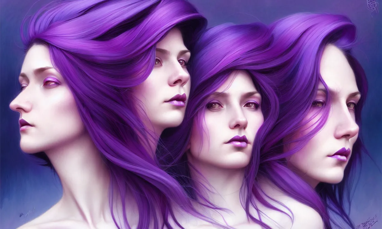 Image similar to Purple hair relistic Portrait of a two woman with bright colored flying hair, all shades of purple. Beauty face, Hair coloring, fantasy, intricate, elegant, highly detailed, digital painting, artstation, concept art, smooth, sharp focus, illustration, art by artgerm and greg rutkowski and alphonse mucha