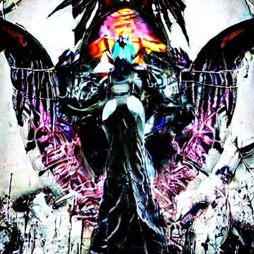 Image similar to cybercore dragon angel pimp demonoid disappearing into a portal covered in wires damnation emerging in the middle of my digusting dirty room, holy ceremony, low quality photo, flikr , creepy, hypermaximalist, trail cam found footage, realistic, , intricate fine detail