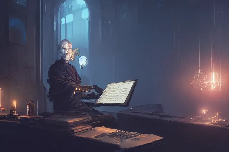 Image similar to sci fi cyberpunk fantasy art prompt magician studying casting spells with keyboard, by greg rutkowski ultrahd dark volumetric lighting hyper detailed unreal engine octane render