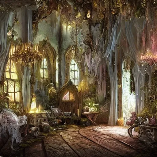 Image similar to a beautiful interior of a fairy castle's hall,, fully decorated, furnished with fairy furniture, fairy aesthetics, fairy lights, fairycore!!! magical realism, fantasy nvironment art by scot howden, greg rutkowski, and elena dudina. high details, magical and in soft colour palette, dreamy