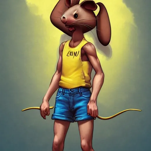 Image similar to anthropomorphic mouse wearing denim short shorts and yellow tank top, highly detailed, artgerm style, artstation, soft light, sharp focus, illustration, character design, concept art