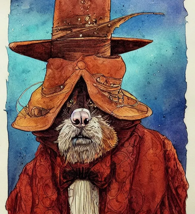 Image similar to a watercolor ink painting of an anthropomorphic dog wizard / sheriff in the style of jean giraud in the style of moebius trending on artstation deviantart pinterest detailed realistic hd 8 k high resolution