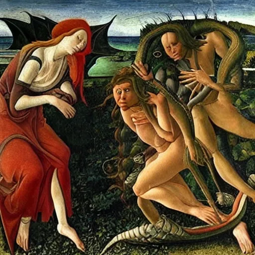 Prompt: renaissance painting of depressed goblins and dragons, by Sandro Botticelli