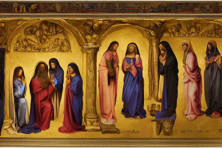 Image similar to inside the tomb of jesus, dark scene, light coming in from the left, small steps leading down, 3 marys crouching in colored robes at the tomb | 2 angels on the right side | medium close | fibonacci composition, by artgerm, ambrosius benson, rubens