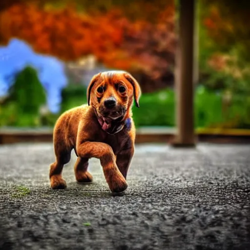 Prompt: puppy bringing back the bone of a weird huge alien realistic hdr 3 5 mm