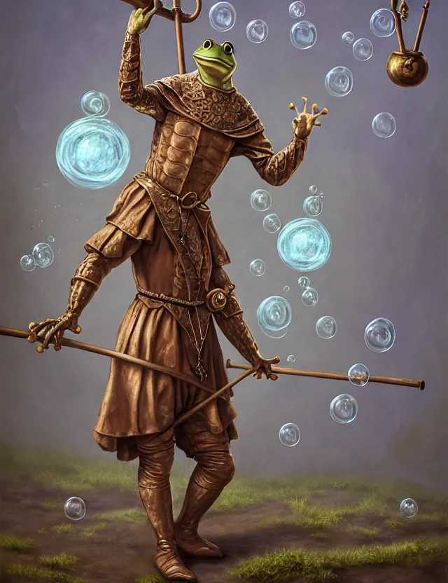 Prompt: anthropomorphic bipedal frog that is dressed as a renaissance fighter, and holding a giant flail on a chain, as a matte oil painting and d & d character art, by alex grey, standing, fullbody, floating bubbles, mystic, fog, fractals, spirals, concept art, award - winning, extremely detailed, sharp focus