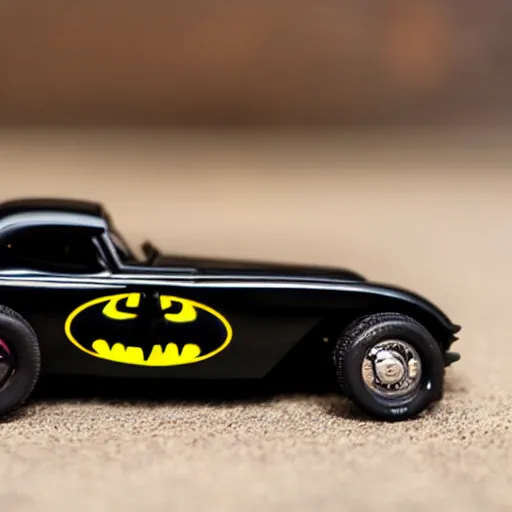 Image similar to 5 5 mm photo of metallic black batman car like hot wheels model with a batcave as background