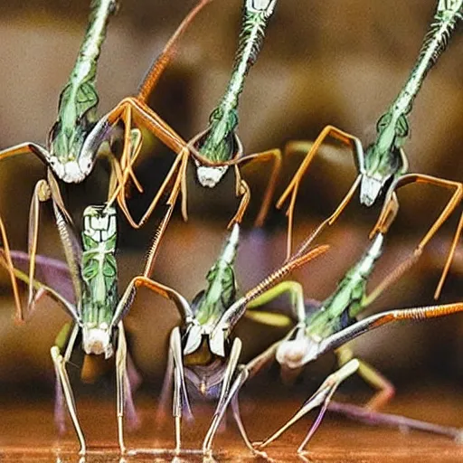 Prompt: a group of praying mantis playing cellos