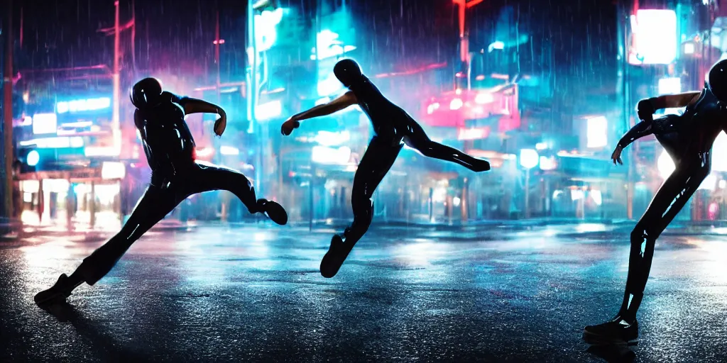 Image similar to cinematic camera wide angle of slow motion film still of futuristic break dancer wearing latex with neon lights, long exposure shot , at night in the middle of a rainy and foggy street, paddle of water, water splashes, rim lights, glossy reflections, water droplets on lens, octane render, detailed and soft, by laurie greasley