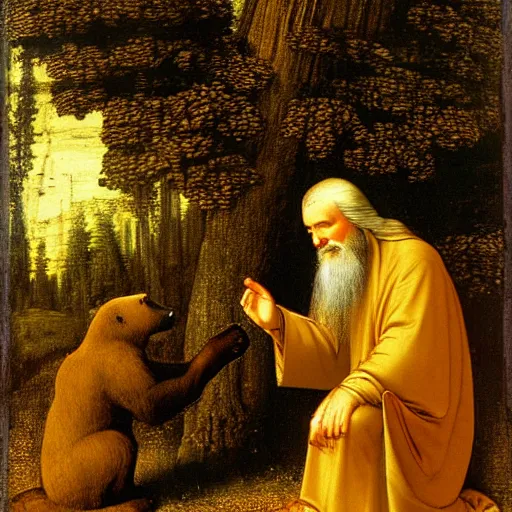 Prompt: St. Seraphim of Sarov talking to a bear in the woods by Leonardo Da Vinci