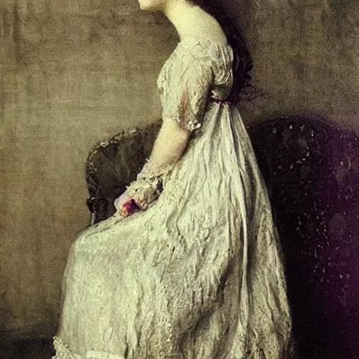 Image similar to young victorian lady in nightgown, painting by alfred stevens