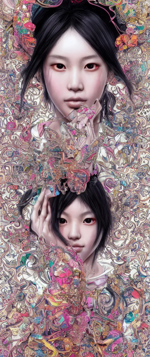 Image similar to the portrait of an absurdly beautiful, graceful, elegant, sophisticated, fashionable young asian girl with third eye, an ultrafine hyperdetailed illustration by kim jung gi, irakli nadar, intricate linework, bright colors, final fantasy, unreal engine 5 highly rendered, global illumination, radiant light, detailed and intricate environment