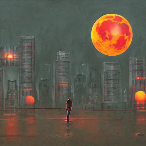 Image similar to surreal, nuclear blast and a full red moon eclipse, cyberpunk, art by bryen frost