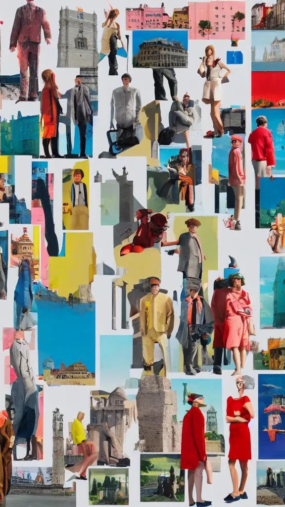 Prompt: a row of european tourists standing with a variety of poses and props, a collage painting, in the style of wes anderson, lola dupre, david hockney, isolated on negative white space background dark monochrome neon spraypaint accents volumetric octane render